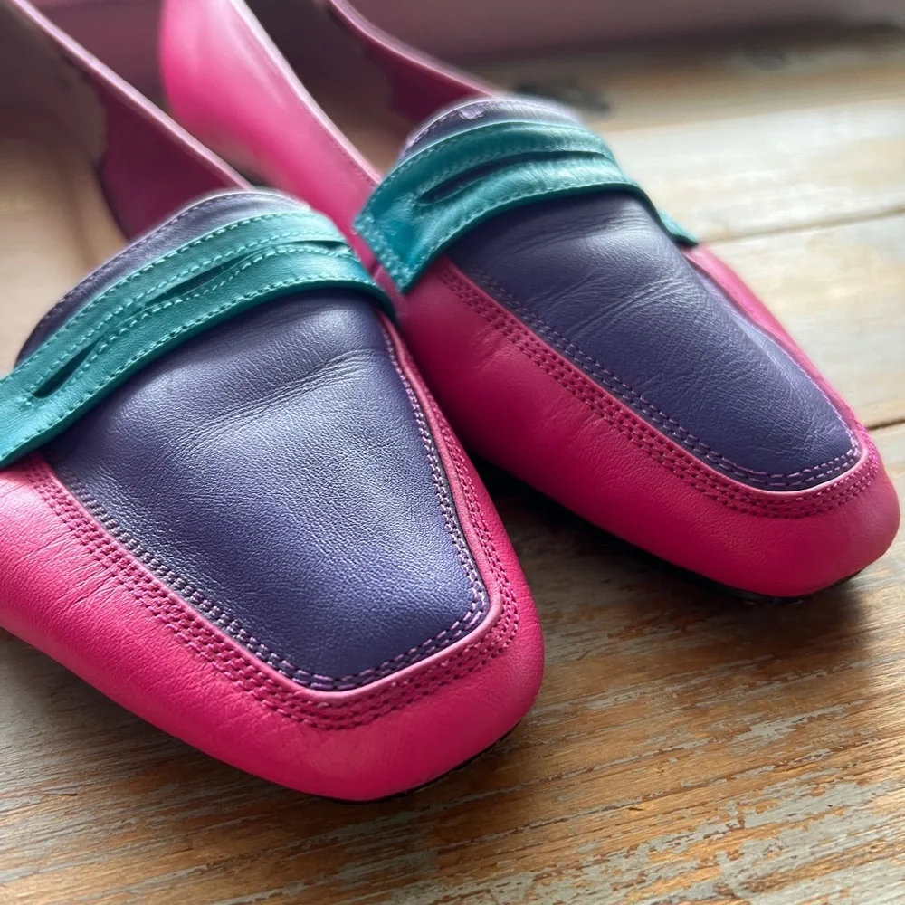 Vintage JOYCE Leather Loafers Colorblock Pink Purple Teal Statement, Size 9 - Picture 2 of 7